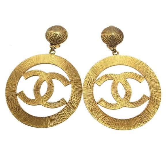 Chanel Hoop Dangle Earrings Clip-On Gold - Picture 1 of 5